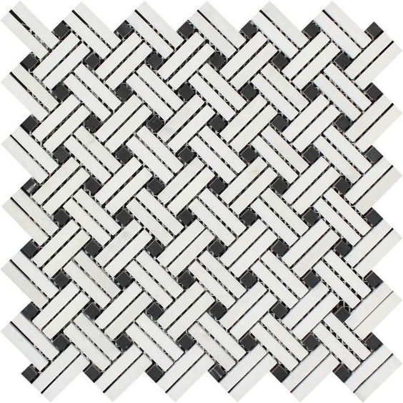 Thassos White Marble Honed Stanza Basketweave Mosaic Tile w/ Black Dots-Marble Mosaic-American Tile Depot