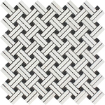 Thassos White Marble Polished Stanza Basketweave Mosaic Tile w/ Black Dots-Marble Mosaic-American Tile Depot