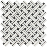 Thassos White Marble Polished Stanza Basketweave Mosaic Tile w/ Black Dots