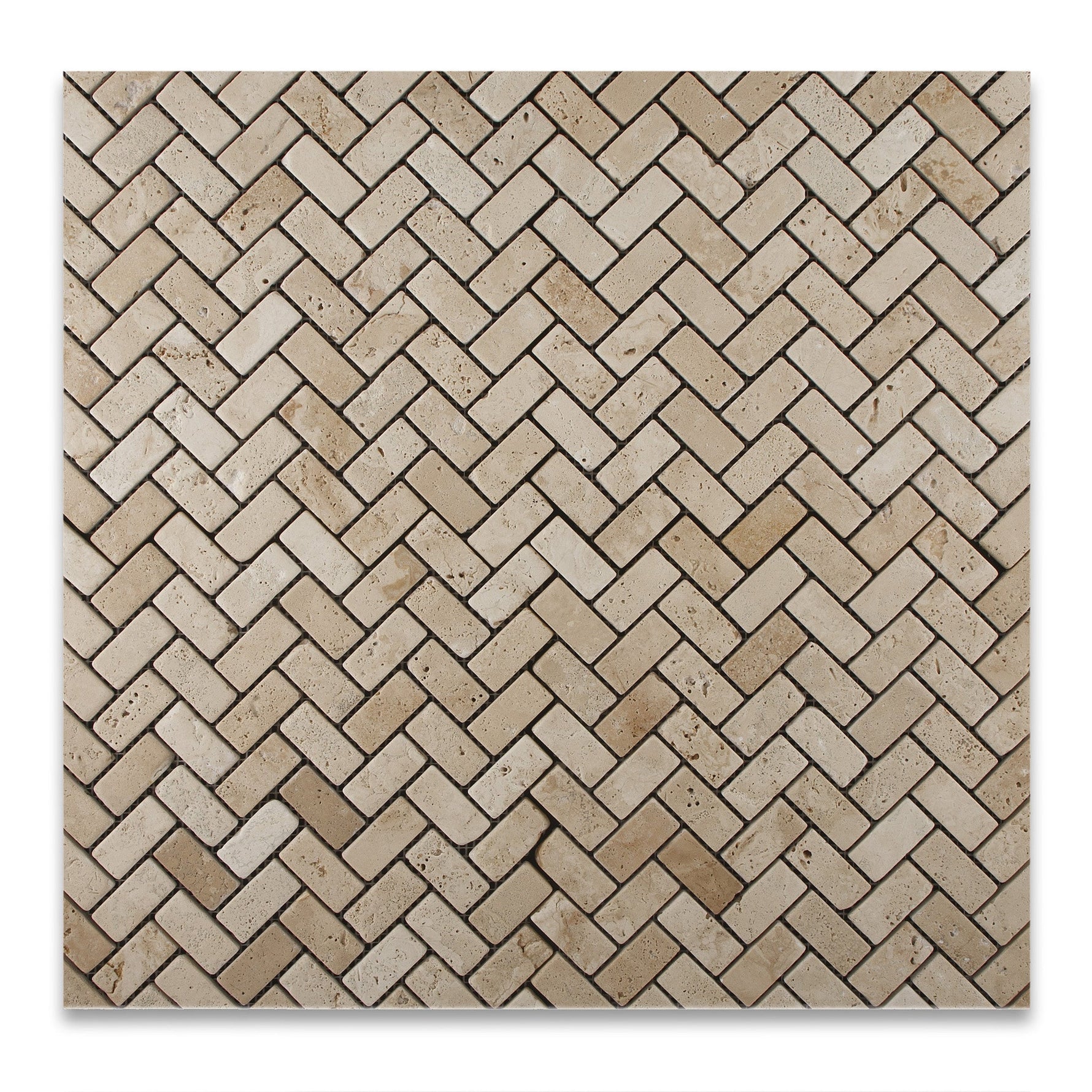 Ivory Travertine Tumbled 1 X 2 Herringbone Mosaic Tile