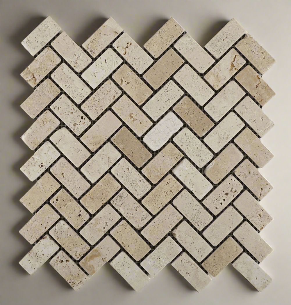 Ivory Travertine Tumbled 1 X 2 Herringbone Mosaic Tile-Travertine Mosaic-American Tile Depot