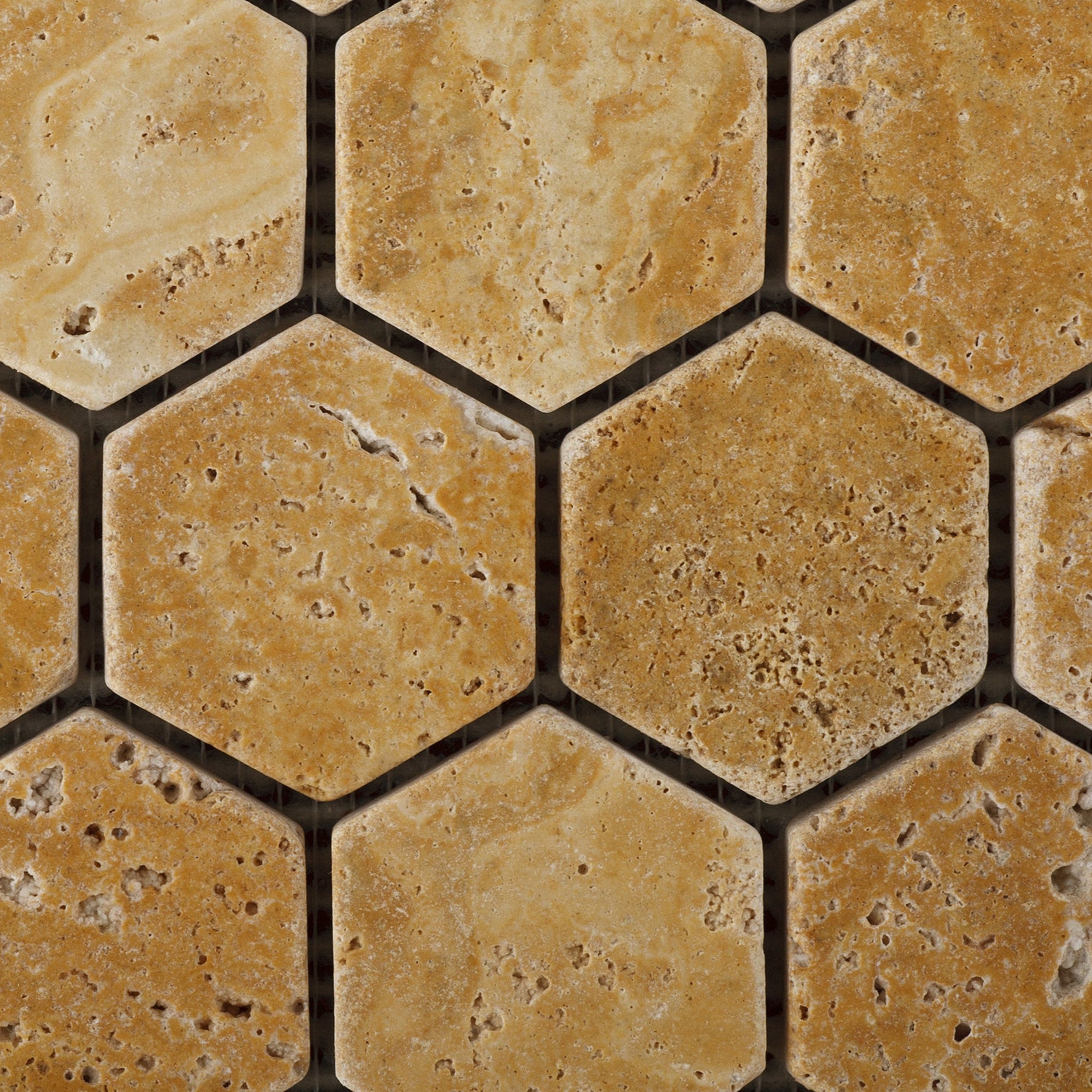 Gold / Yellow Travertine Tumbled 2'' Hexagon Mosaic Tile