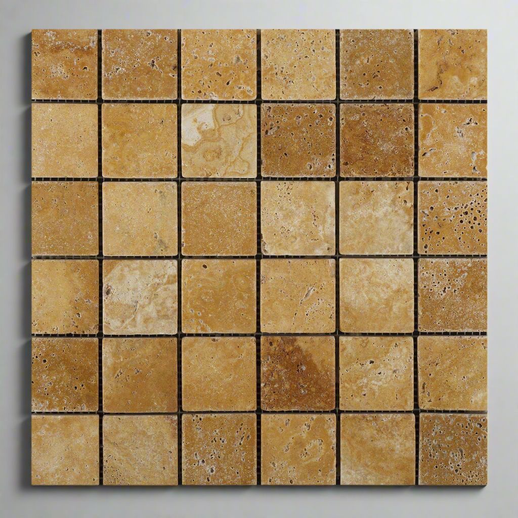 2 X 2 Gold / Yellow Travertine Tumbled Mosaic Tile-Travertine Mosaic-American Tile Depot