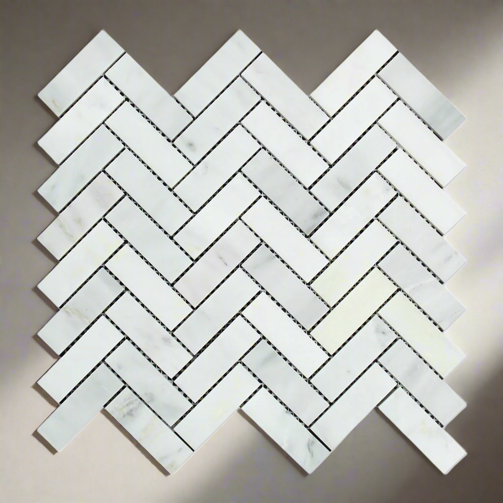 Oriental White / Asian Statuary Marble Polished 1 x 3 Herringbone Mosaic Tile-Marble Mosaic-American Tile Depot