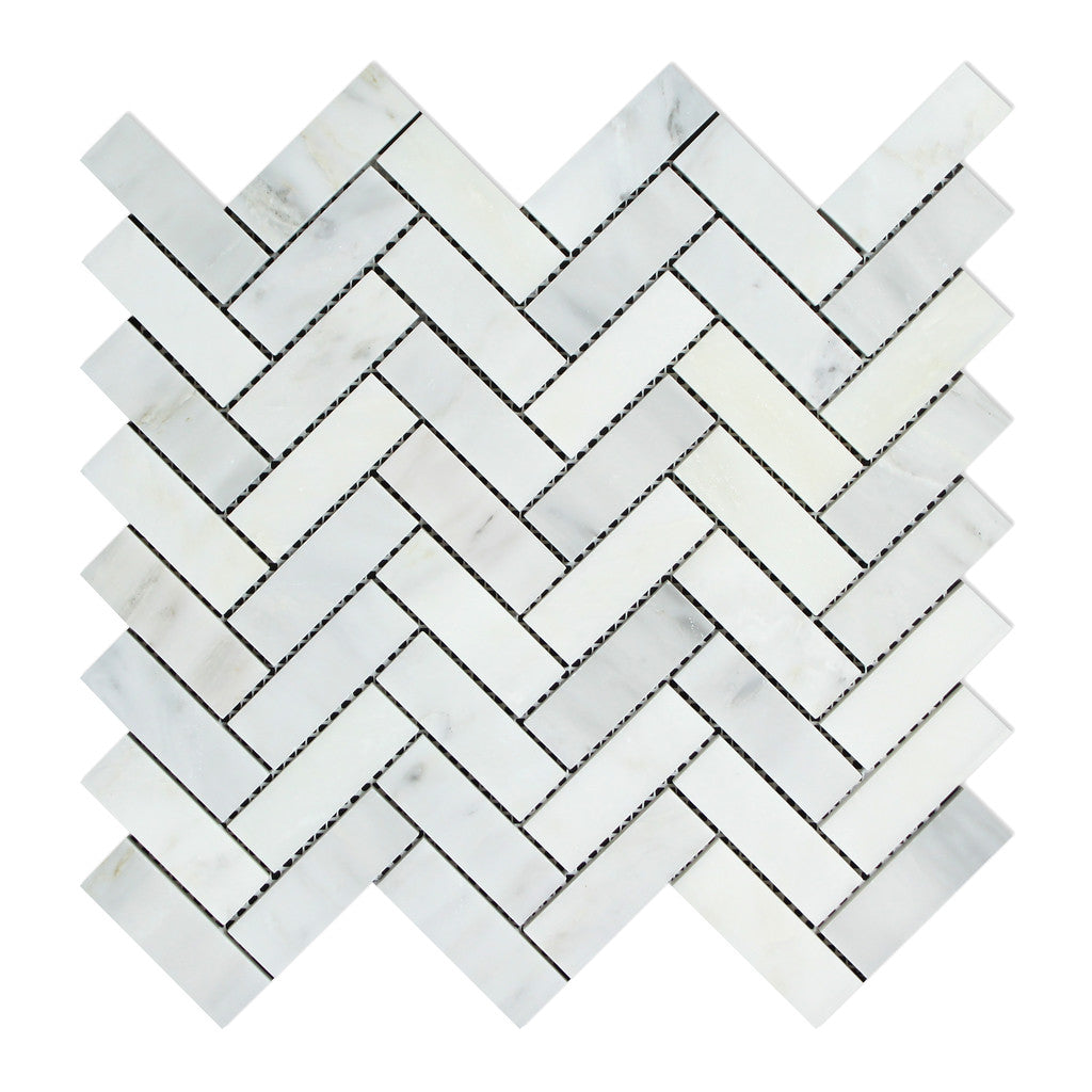 Oriental White / Asian Statuary Marble Honed 1 x 3 Herringbone Mosaic Tile-Marble Mosaic-American Tile Depot