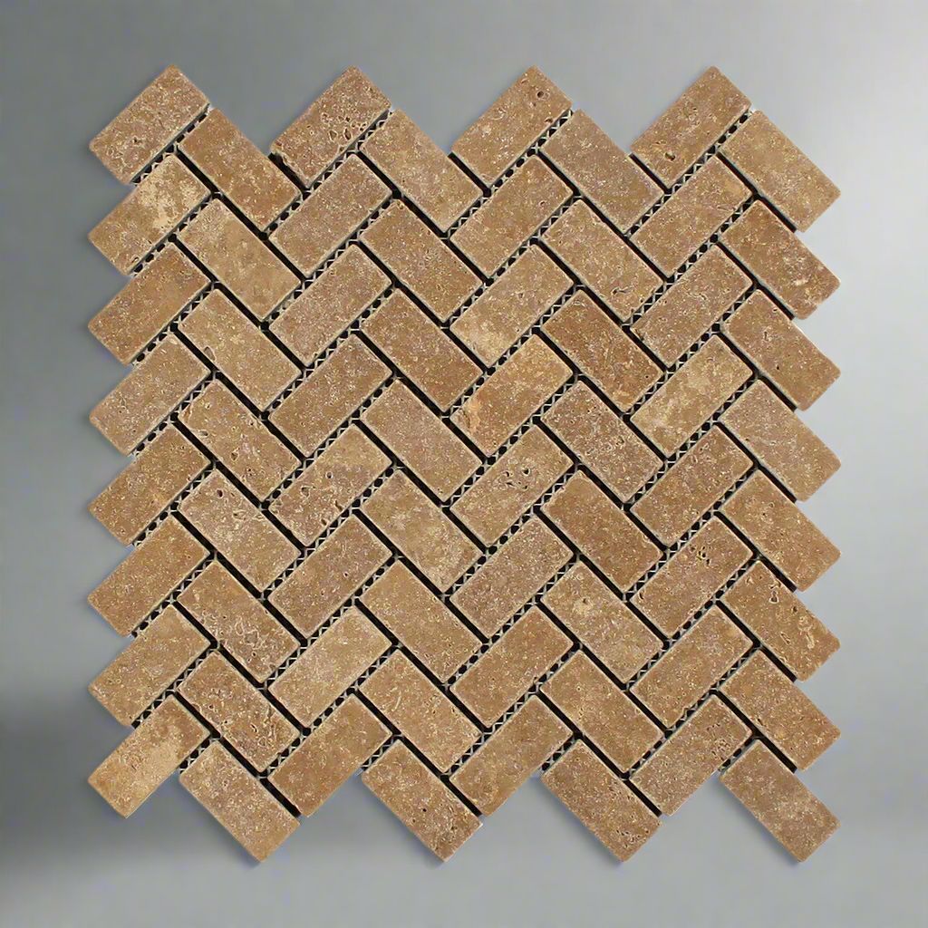 Noce Travertine Tumbled 1 X 2 Herringbone Mosaic Tile-Travertine Mosaic-American Tile Depot