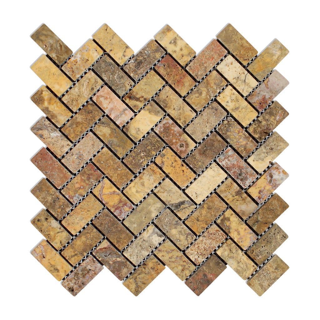 Scabos Travertine Tumbled 1 X 2 Herringbone Mosaic Tile-Travertine Mosaic-American Tile Depot