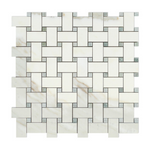 Calacatta Gold Marble Polished Basketweave Mosaic Tile w/ Ming-Green Dots-Marble Mosaic-American Tile Depot