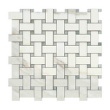 Calacatta Gold Marble Polished Basketweave Mosaic Tile w/ Ming-Green Dots