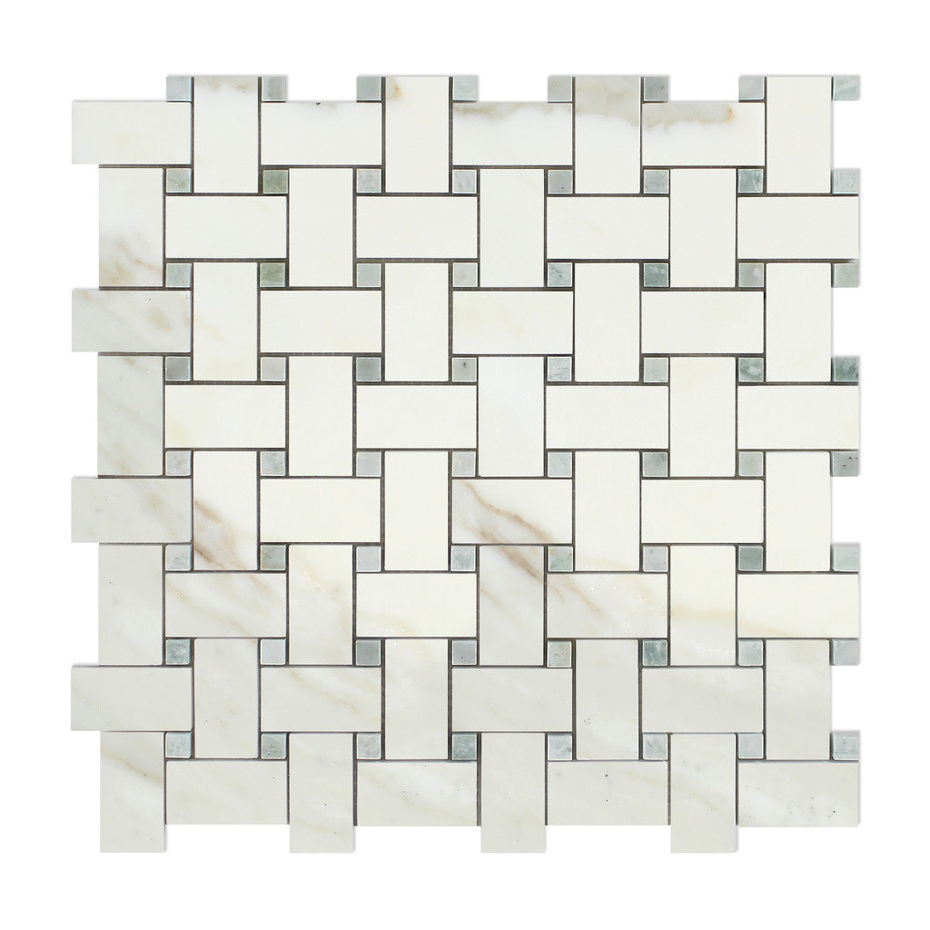 Calacatta Gold Marble Honed Basketweave Mosaic Tile w/ Ming-Green Dots-Marble Mosaic-American Tile Depot