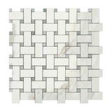 Calacatta Gold Marble Polished Basketweave Mosaic Tile w/ Ming-Green Dots