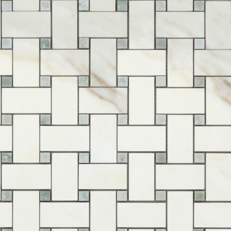 Calacatta Gold Marble Polished Basketweave Mosaic Tile w/ Ming-Green Dots-Marble Mosaic-American Tile Depot