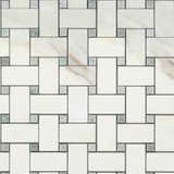 Calacatta Gold Marble Polished Basketweave Mosaic Tile w/ Ming-Green Dots