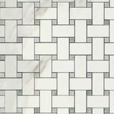 Calacatta Gold Marble Honed Basketweave Mosaic Tile w/ Ming-Green Dots