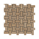 Noce Travertine Tumbled Basketweave Mosaic Tile w/ Ivory Dots