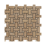 Noce Travertine Tumbled Basketweave Mosaic Tile w/ Ivory Dots