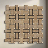 Noce Travertine Tumbled Basketweave Mosaic Tile w/ Ivory Dots