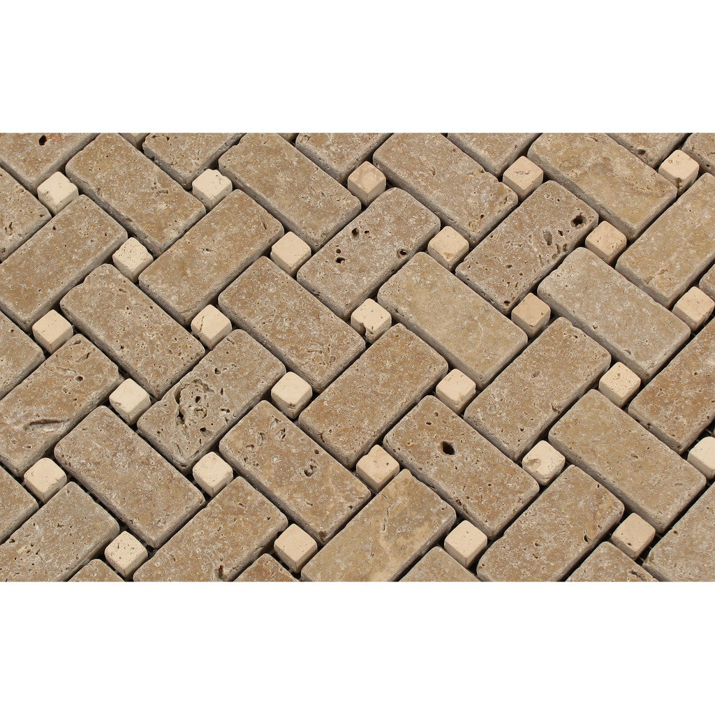 Noce Travertine Tumbled Basketweave Mosaic Tile w/ Ivory Dots