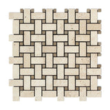 Ivory Travertine Tumbled Basketweave Mosaic Tile w/ Noce Dots-Travertine Mosaic-American Tile Depot