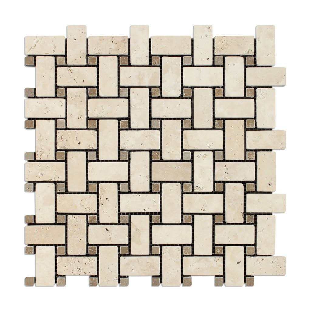 Ivory Travertine Tumbled Basketweave Mosaic Tile w/ Noce Dots-Travertine Mosaic-American Tile Depot