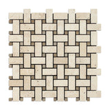 Ivory Travertine Tumbled Basketweave Mosaic Tile w/ Noce Dots-Travertine Mosaic-American Tile Depot