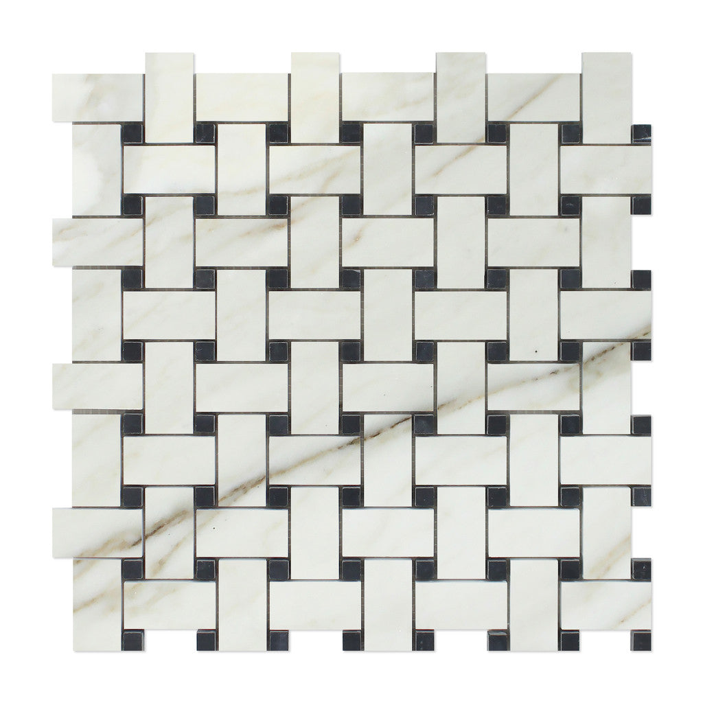 Calacatta Gold Marble Honed Basketweave Mosaic Tile w/ Black Dots-Marble Mosaic-American Tile Depot