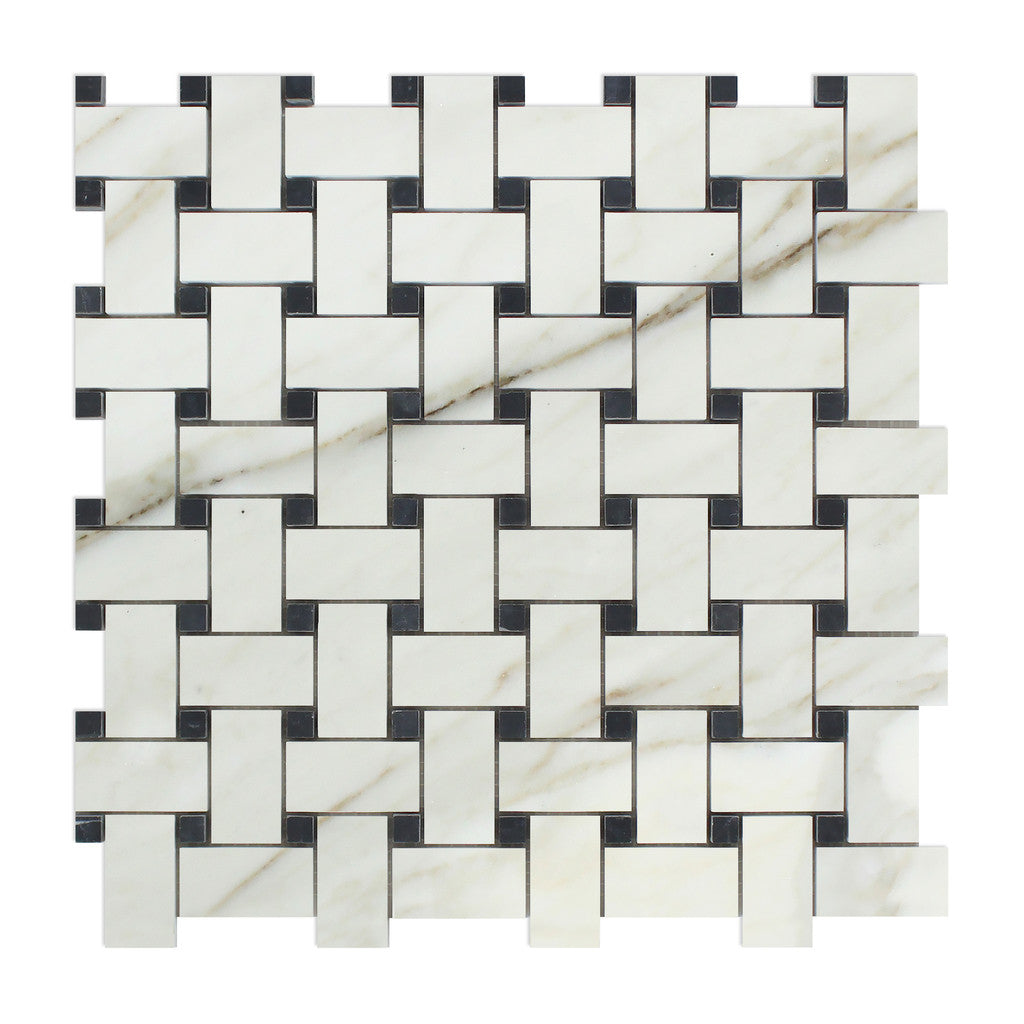 Calacatta Gold Marble Polished Basketweave Mosaic Tile w/ Black Dots-Marble Mosaic-American Tile Depot