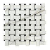 Calacatta Gold Marble Honed Basketweave Mosaic Tile w/ Black Dots