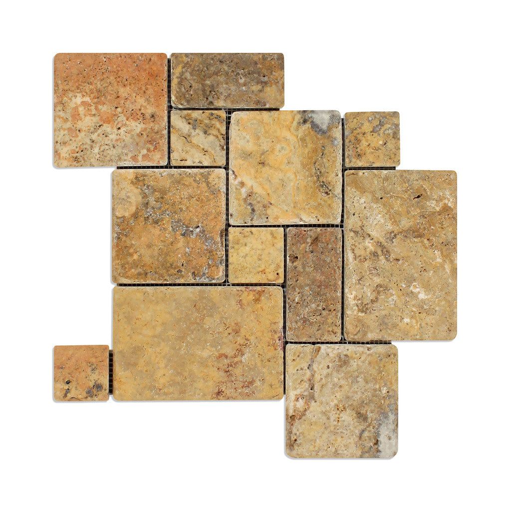 Scabos Travertine 4-Pieced OPUS Mini-Pattern Tumbled Mosaic Tile-Travertine Mosaic-American Tile Depot