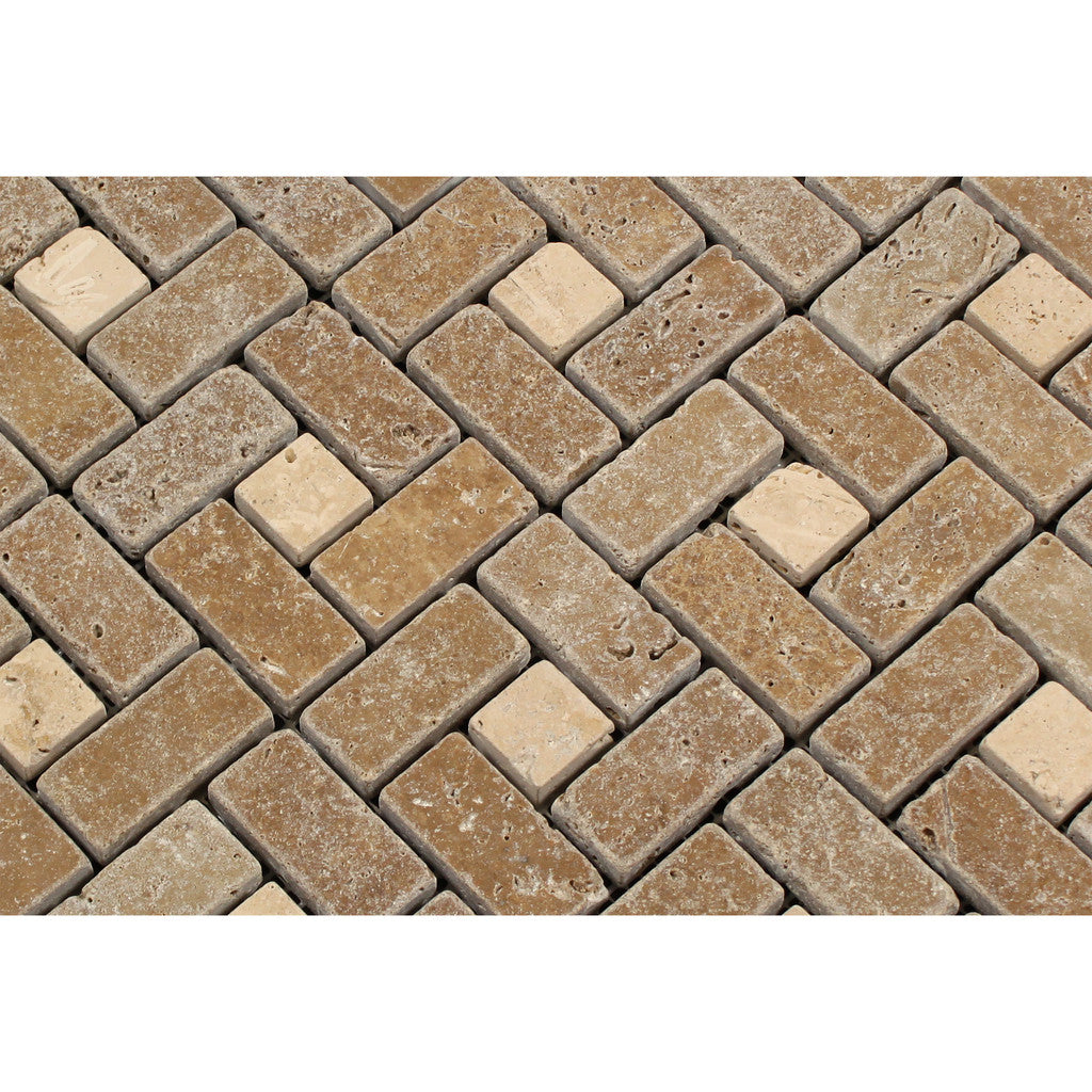 Noce Travertine Tumbled Large Pinwheel Mosaic Tile w/ Ivory Dots