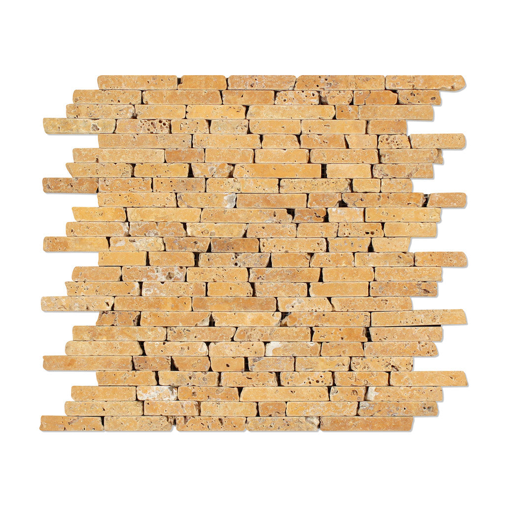 Gold / Yellow Travertine Tumbled Random Strip Mosaic Tile