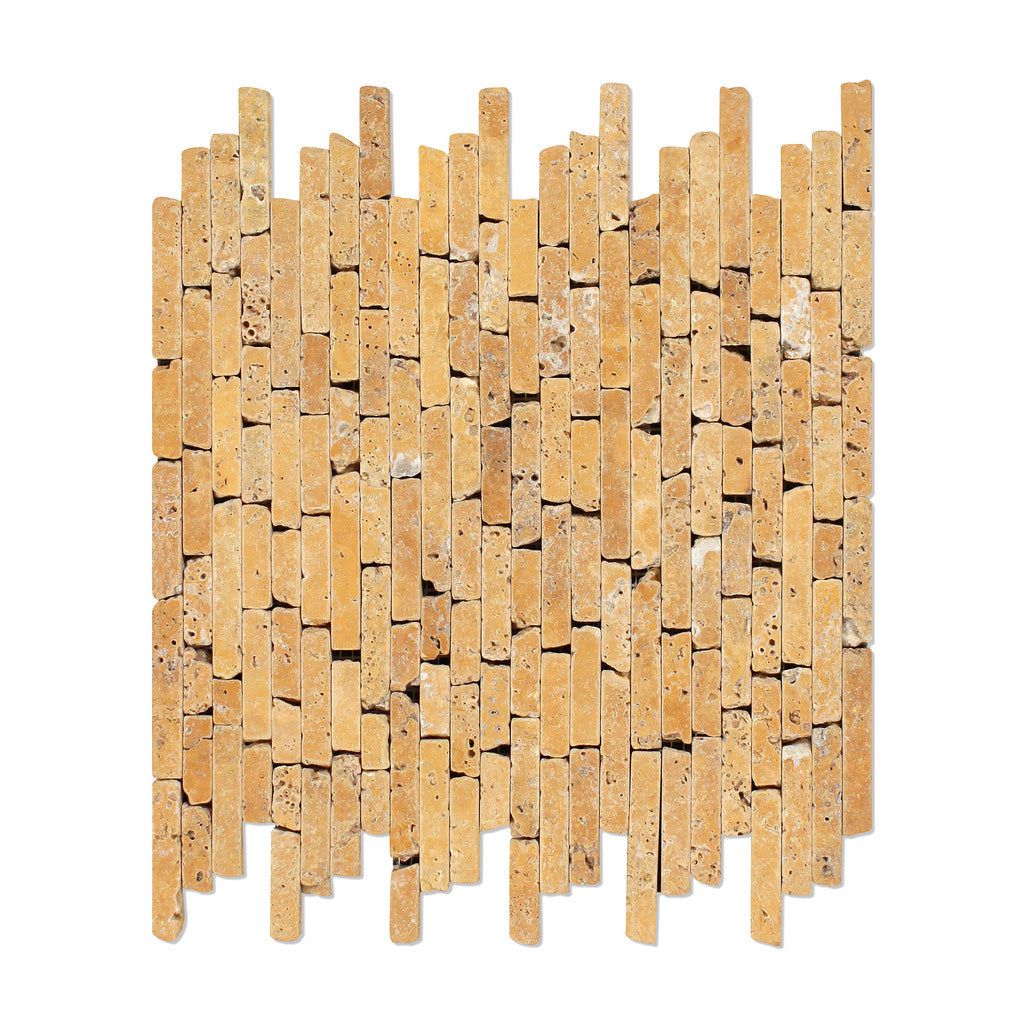 Gold / Yellow Travertine Tumbled Random Strip Mosaic Tile-Travertine Mosaic-American Tile Depot