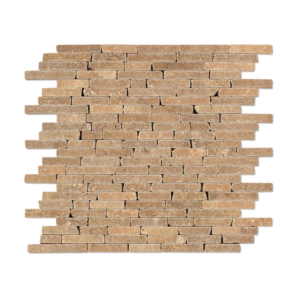 Noce Travertine Tumbled Random Strip Mosaic Tile