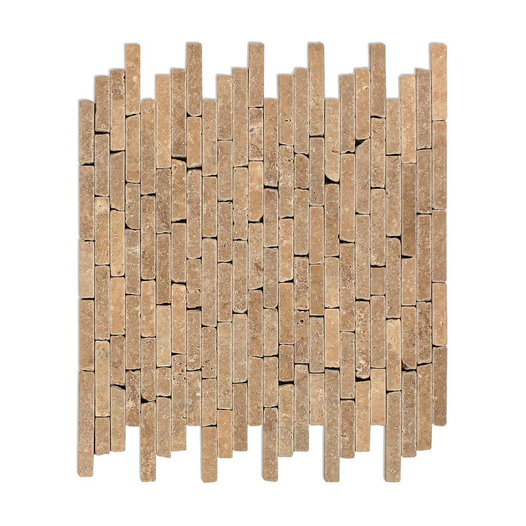 Noce Travertine Tumbled Random Strip Mosaic Tile-Travertine Mosaic-American Tile Depot