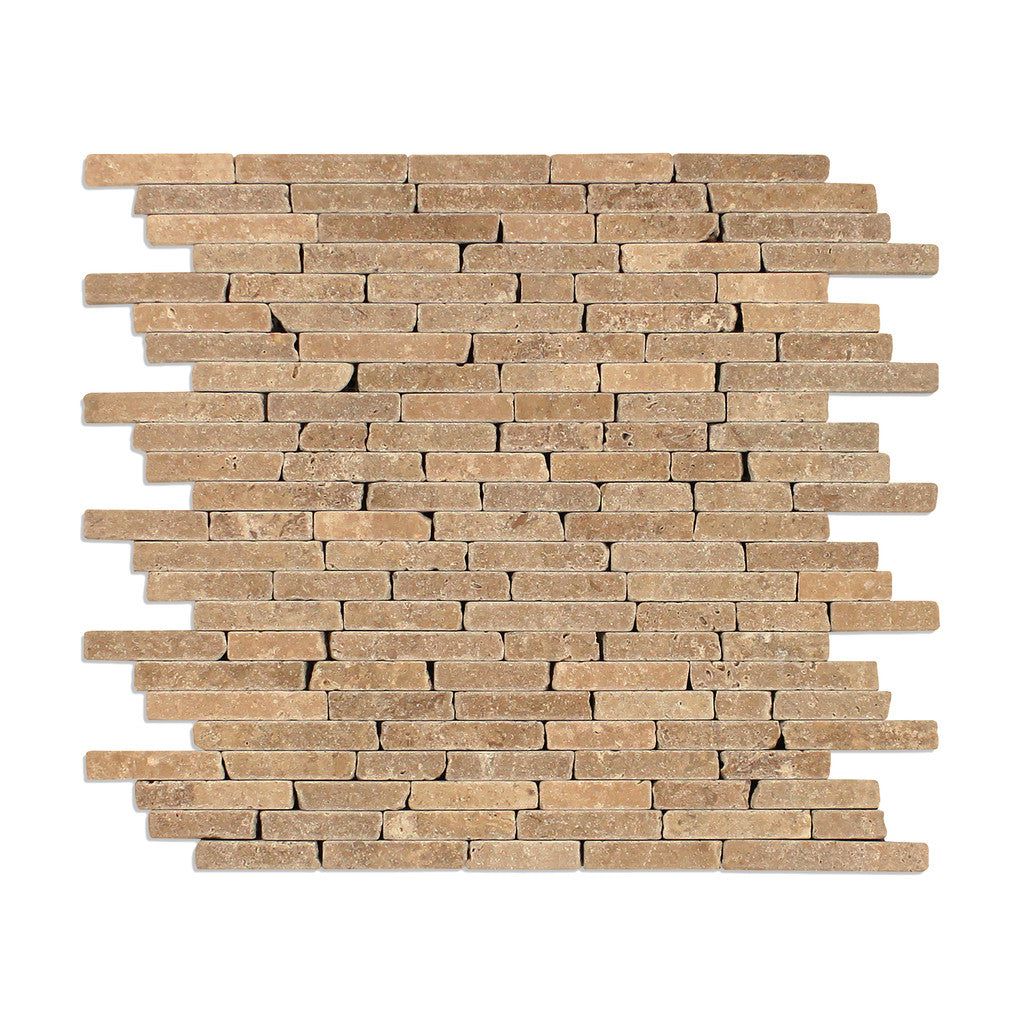 Noce Travertine Tumbled Random Strip Mosaic Tile-Travertine Mosaic-American Tile Depot