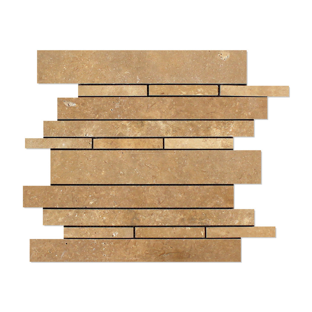 Noce Travertine Honed Random Strip Mosaic Tile