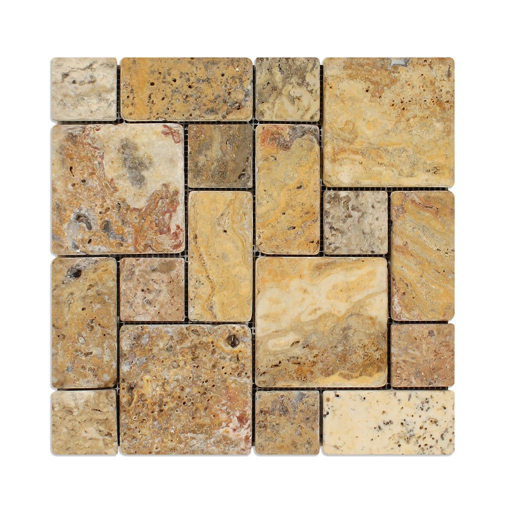 Scabos Travertine 3-Pieced Mini-Pattern Tumbled Mosaic Tile-Travertine Mosaic-American Tile Depot