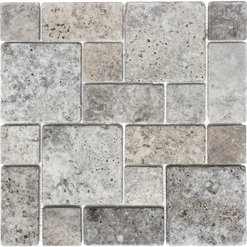 Silver Travertine 3-Pieced Mini-Pattern Tumbled Mosaic Tile-Travertine Mosaic-American Tile Depot