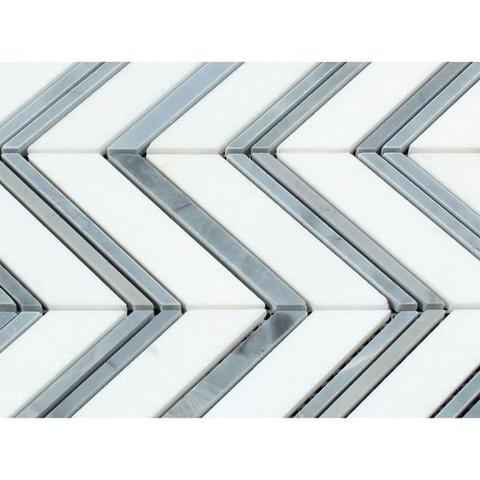 Thassos White Marble Honed Large Chevron Mosaic Tile w / Blue-Gray Dots Strips