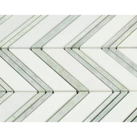 Thassos White Marble Honed Large Chevron Mosaic Tile w / Ming-Green Dots Strips