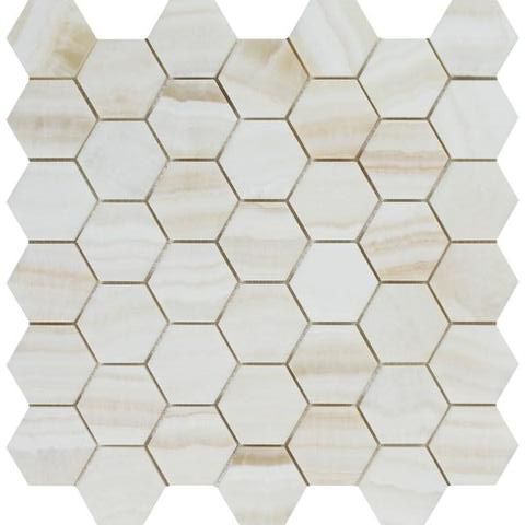 Premium White Onyx VEIN-CUT Polished 2" Hexagon Mosaic Tile-Marble Mosaic-American Tile Depot