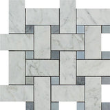 Carrara White Marble Honed Large Basketweave Mosaic Tile w/ Blue-Gray Dots