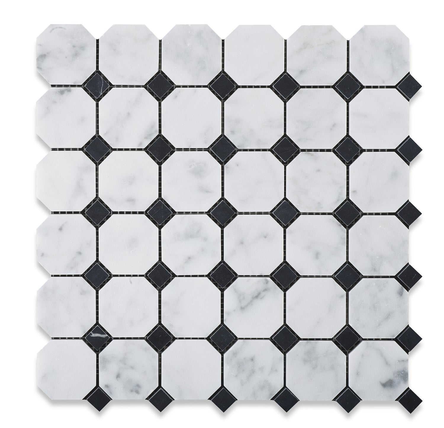 Carrara White Marble Honed Octagon Mosaic Tile w/ Black Dots