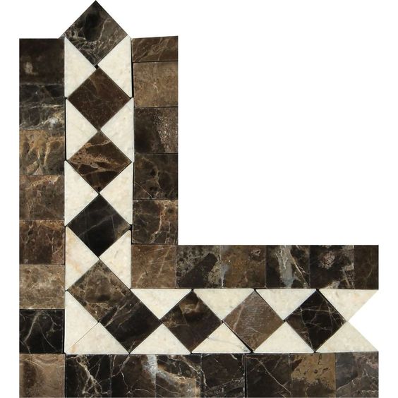 Emperador Dark Marble Polished BIAS Border Corner Listello w/ Crema Marfil Dots