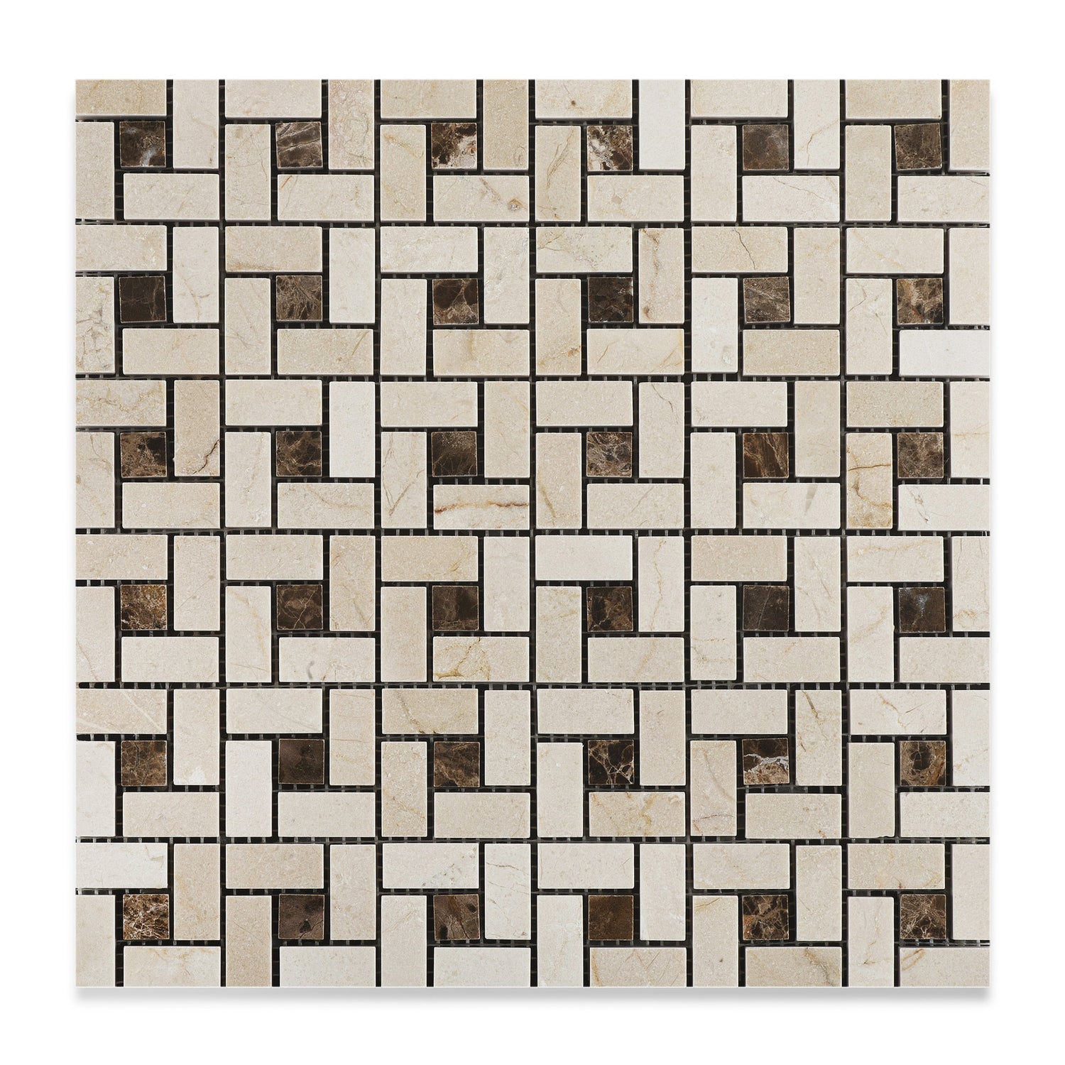 Crema Marfil Marble Honed Pinwheel Mosaic Tile w/ Emperador Dark Dots