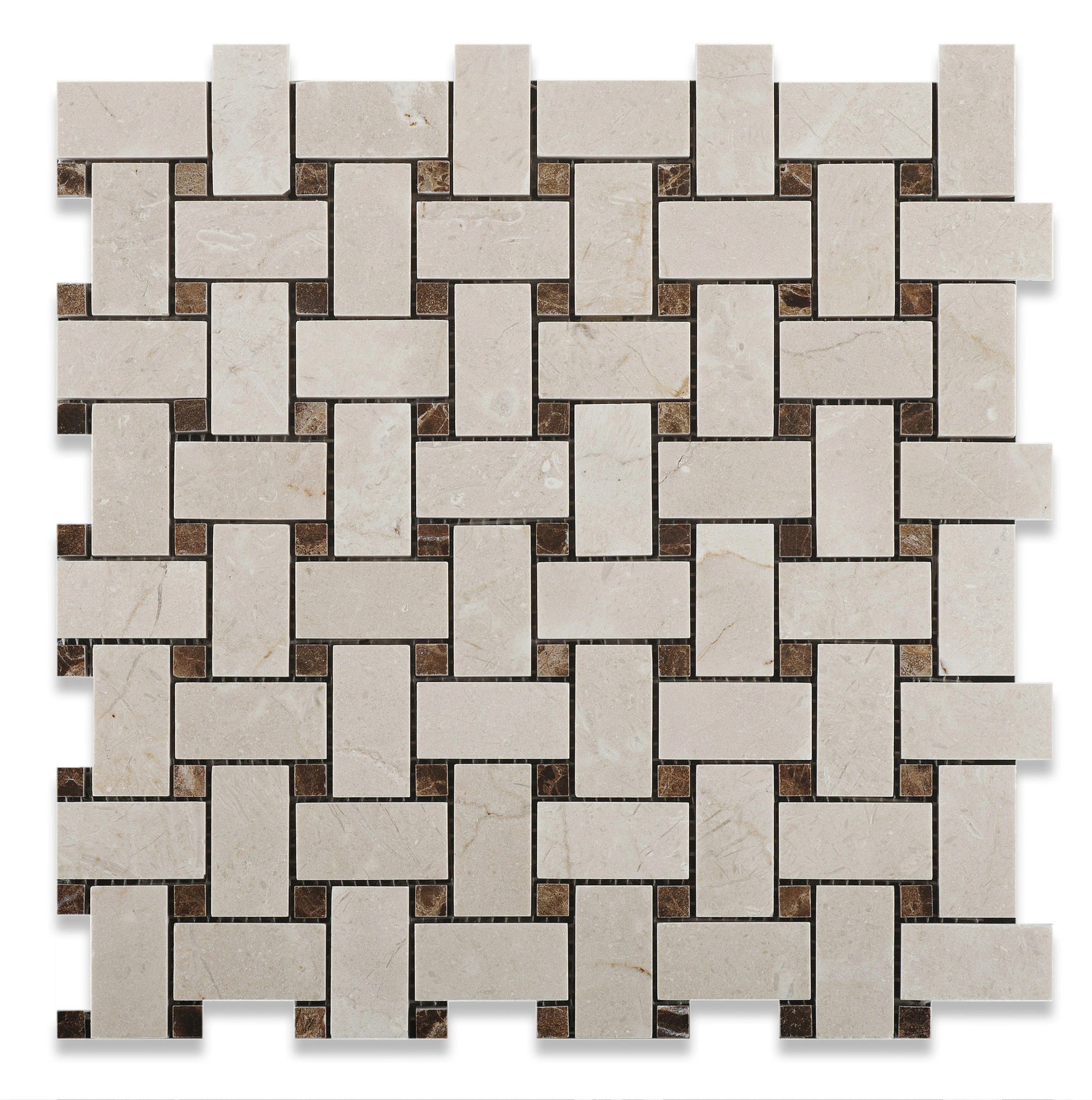 Crema Marfil Marble Polished Basketweave Mosaic Tile w/ Emperador Dark Dots