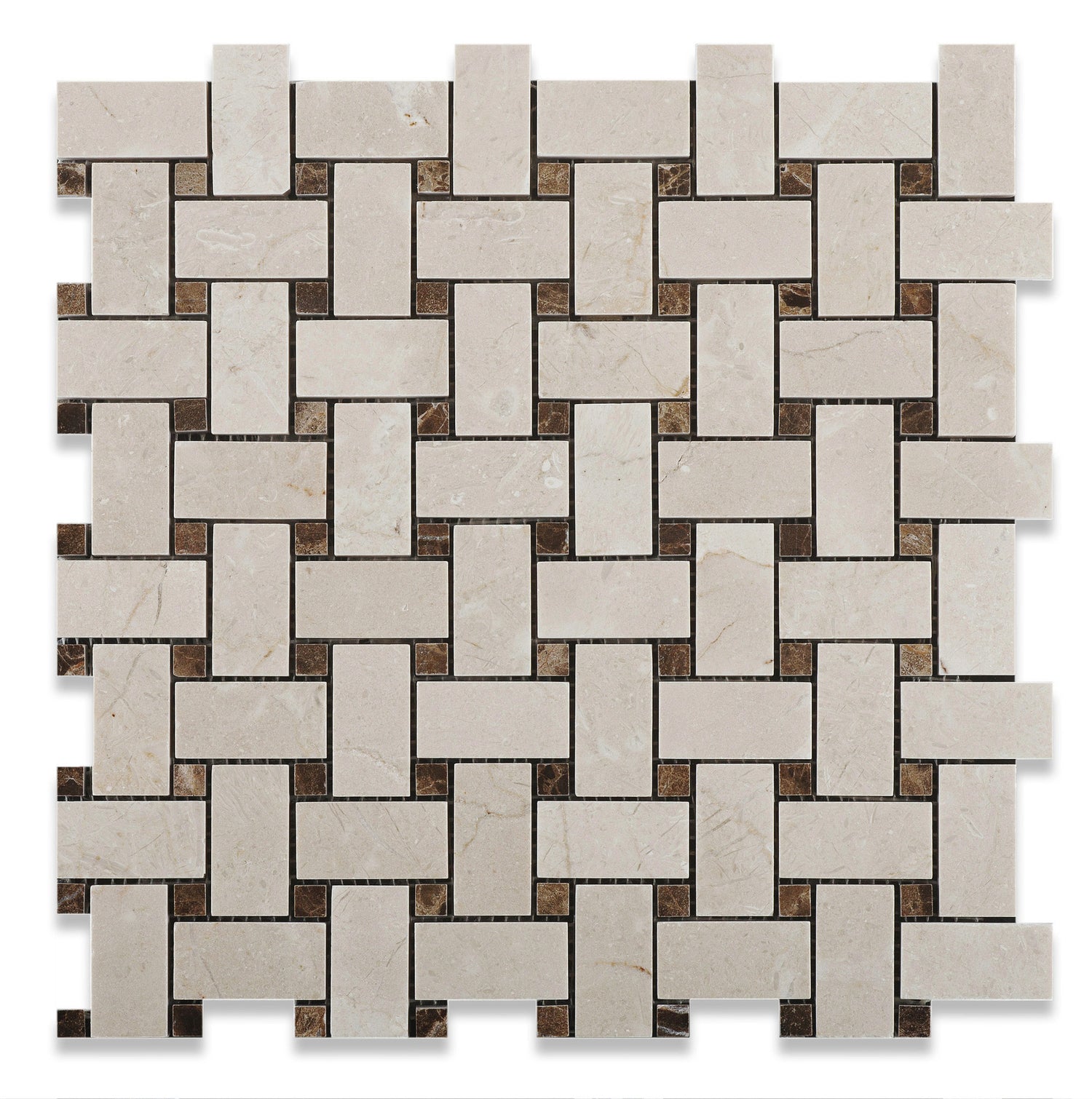 Crema Marfil Marble Honed Basketweave Mosaic Tile w/ Emperador Dark Dots