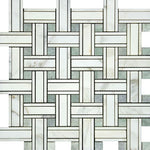 Calacatta Gold Marble Honed Triple Weave Mosaic Tile w / Ming Green Dots