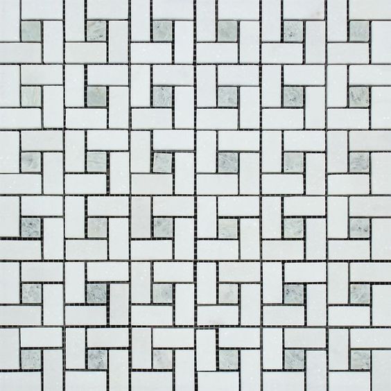 Thassos White Marble Honed Pinwheel Mosaic Tile w/ Ming-Green Dots