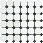 Thassos White Marble Honed Octagon Mosaic Tile w/ Black Dots